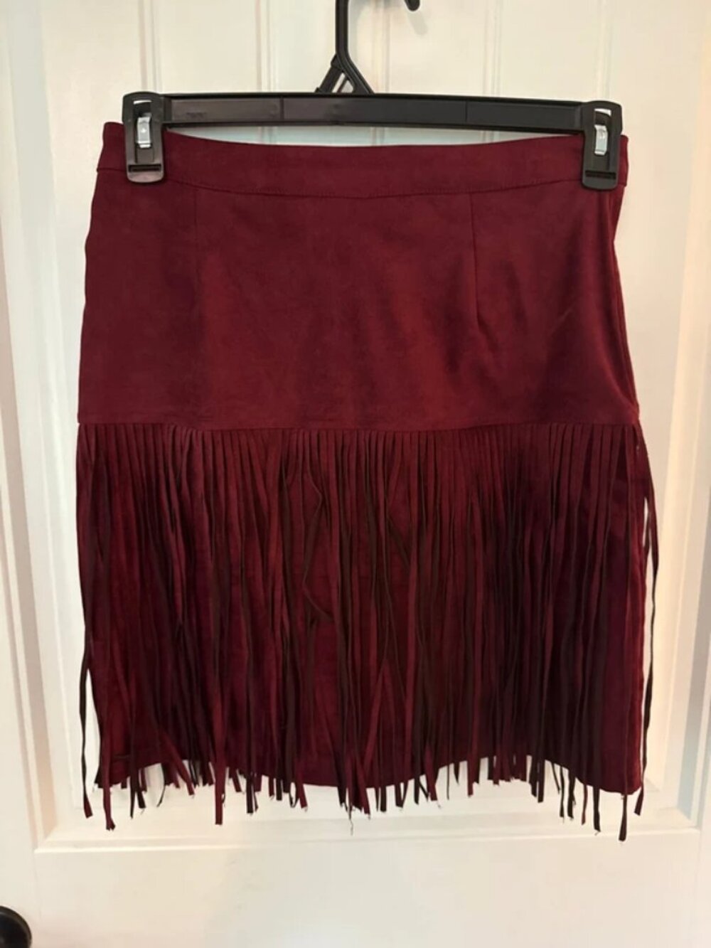 Maroon, suede fringe skirt